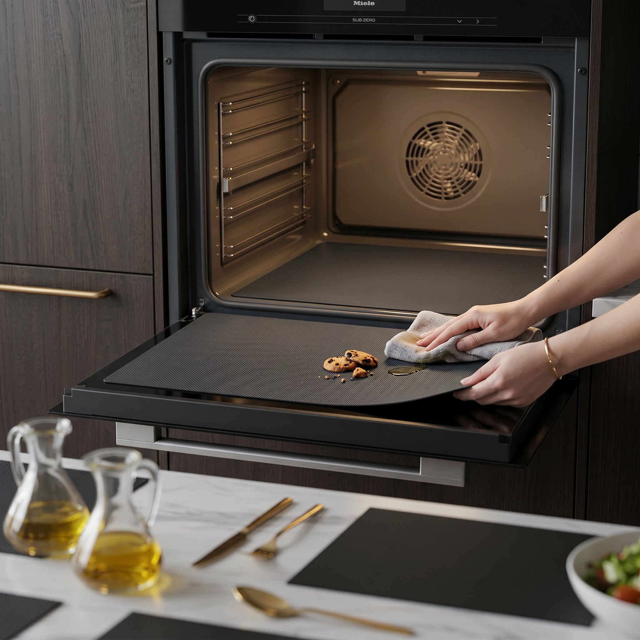 Lumicook non-stick oven liner being wiped clean with a cloth in a modern kitchen oven