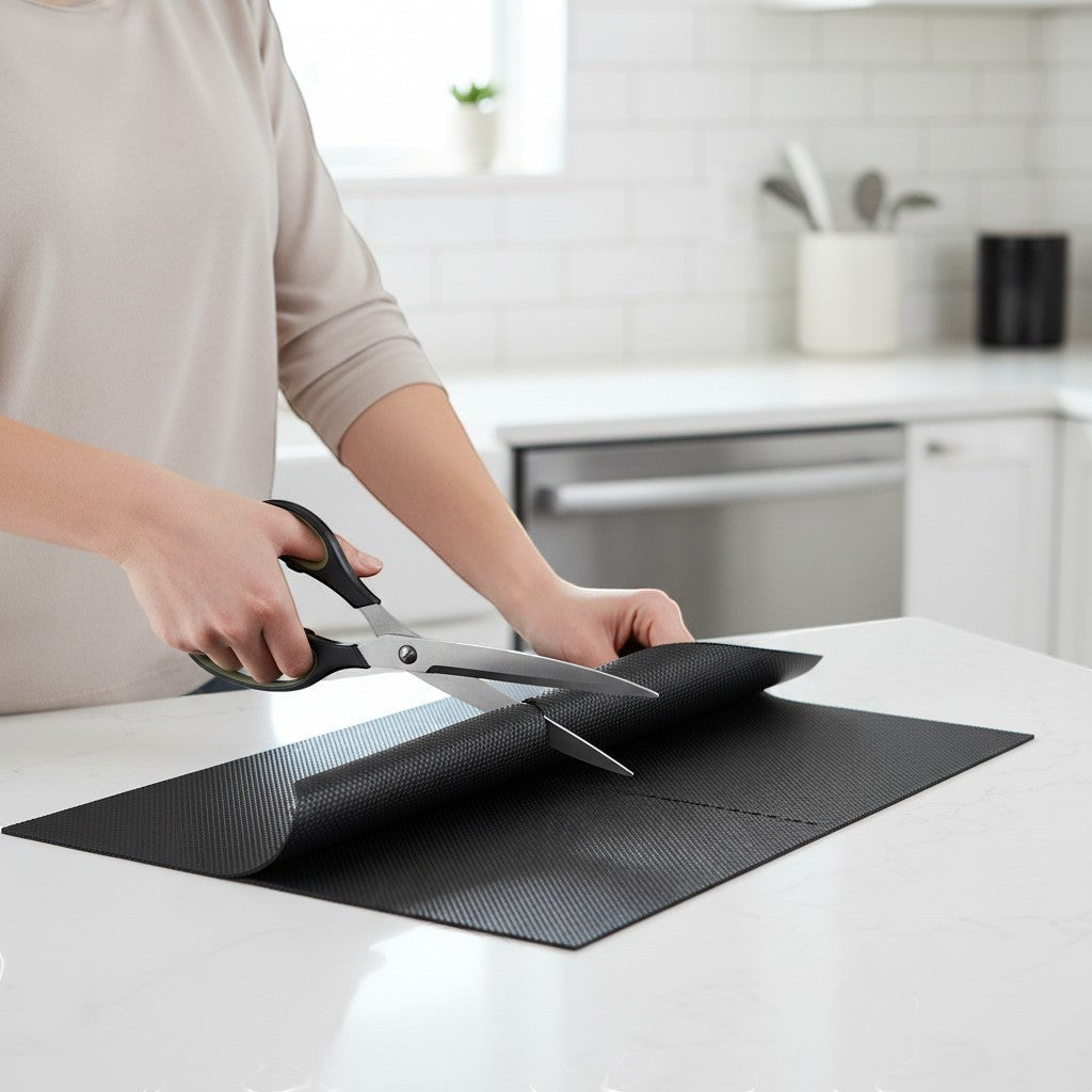 Lumicook non-stick oven liner being cut to size with scissors on a white kitchen countertop