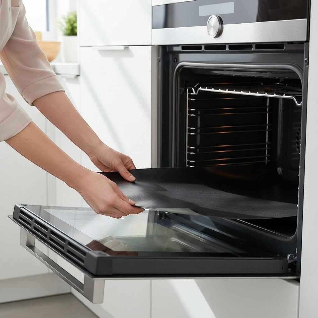 Lumicook non-stick oven liner being placed on the bottom of a clean modern oven for easy cleaning.