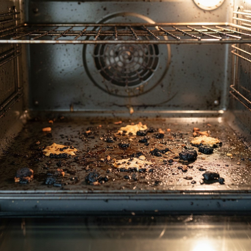 Lumicook non-stick oven liner set inside a dirty oven with burnt food residue on the bottom surface